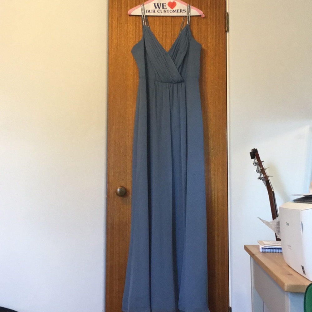 Steel blue bridesmaid dress with rhinestone detail